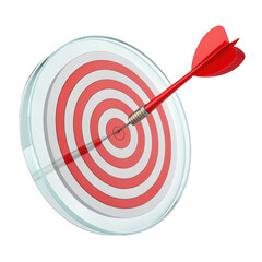 Red and white dartboard with a dart perfectly hitting the bullseye in the center isolated on transparent background