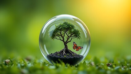 A glass orb containing a miniature tree and butterfly on a green background, representing ecological balance.