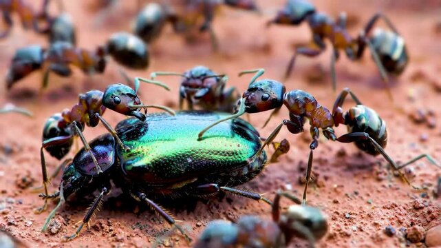 Ants attacking beetle with teamwork and struggle, insects in the nature, and macro shot.