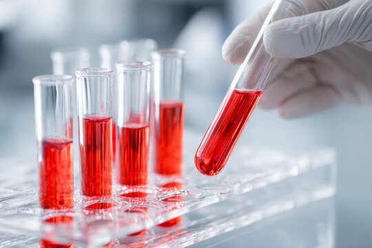 Scientist handling test tube with red liquid; lab research and analysis of blood in a clinical setting.