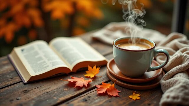 Steaming coffee cup open book autumn leaf cozy blanket on wooden table, warm atmosphere and soft light create peaceful, relaxing, inviting fall season scene for tranquil reading moment
