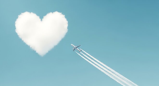 Airplane Flying Towards Heart Shaped Cloud with Contrails flight travel - Powered by Adobe