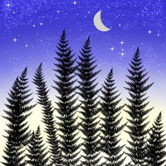 Fototapeta premium Crescent Moon Above Pine Forest Silhouette, Dreamy Blue Green Sky Illustration.