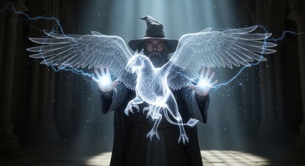 Wizard Conjuring a Glowing Griffin with Electric Energy in Dark Setting