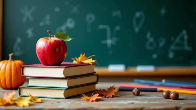 Stacked books, red apple, autumn leaf, pumpkin, and acorns on wooden desk in classroom with chalkboard and math symbols, evoking warm, studious, education, and seasonal back to school atmosphere