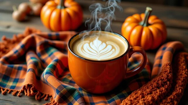 Steaming mug pumpkin plaid blanket autumn cozy latte art orange cup wooden table warm seasonal beverage create comforting fall atmosphere with rich colors inviting textures and rustic table
