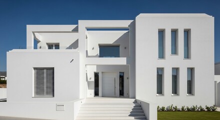 Stunning modern villa architecture in brilliant white under blue sky