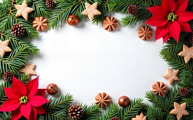 Christmas frame with pine branches, poinsettia, Christmas tree decor and Christmas sweets. High quality