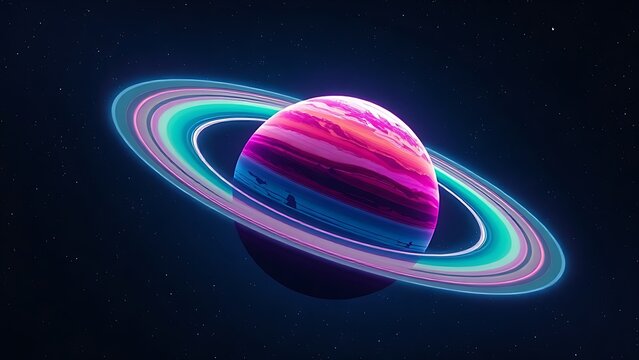 A colorful planet with glowing rings floating in deep space, evoking cosmic wonder and mystery.
