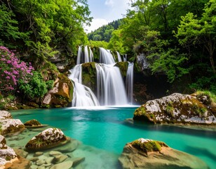 Naklejka premium Beautiful Waterfall in Green Forest