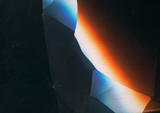 Aged film texture. Colorful crash screen. Orange white blue glow on dark black blur background. Techno damaged display free space. - Powered by Adobe