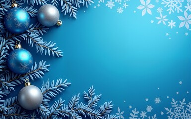 Blue christmas ornaments on blue background. Merry christmas greeting card, banner. Winter holiday xmas theme. Happy New Year. High quality