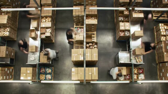 Busy warehouse workers quickly fulfilling orders, dynamic motion in supply chain facility, efficient logistics in action, overhead view, fast-paced operation - Powered by Adobe