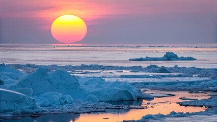 Arctic sunset over icy waters with floating icebergs