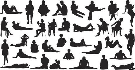 Silhouettes of People Reading Books in Various Sitting and Relaxing Poses, Isolated on White Background, Leisure Activity, Education Concept, Learning, Relaxation, Study Time