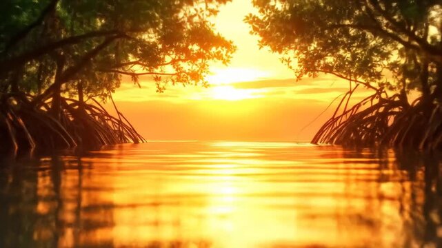 Golden sunset over tranquil water framed by mangrove trees with exposed roots