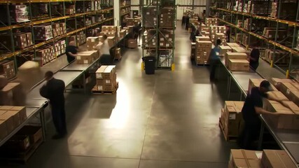 Efficient warehouse operation with workers sorting packages on conveyor belts, showcasing logistics and distribution in a large industrial setting - Powered by Adobe