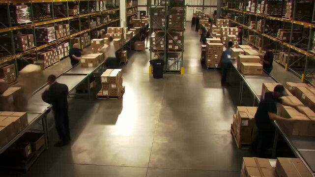 Efficient warehouse operation with workers sorting packages on conveyor belts, showcasing logistics and distribution in a large industrial setting