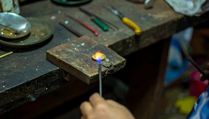 Close-up of a jeweler's workbench, showing hands using a torch to heat a small piece of metal