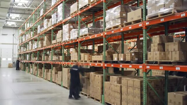 Efficient warehouse operations with workers stocking shelves in large distribution center, showcasing logistics and supply chain management