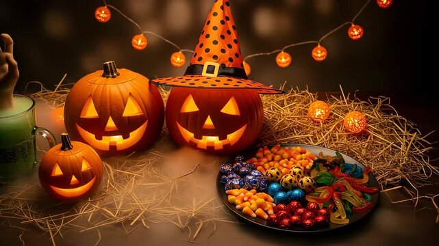 Spooky Halloween night scene with glowing carved pumpkins, witch hat, candy, and a hand emerging from a potion for festive fun