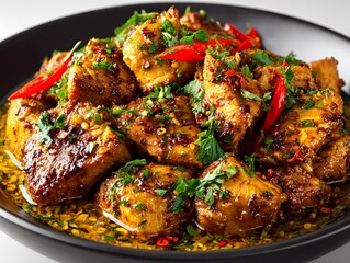 Delicious chicken pieces are smothered with spices and chili and herbs are sprinkled on the dish nicely.