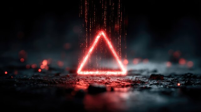 Glowing red triangle on dark ground with falling particles