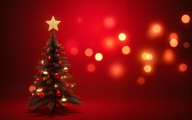Christmas Tree With Ornament And Bokeh Lights In Red Background. High quality