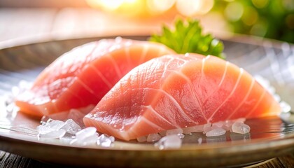 Extreme Close-Up of Fresh Sashimi Fish Slices with Raw Seafood Fillet Texture and Glistening Surface for Traditional Japanese Cuisine, Healthy Lifestyle, and Gastronomy Concept