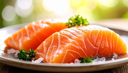 Japanese Raw Sashimi Fish and Seafood Slices with Fresh Glistening Texture on Decorative Plate Perfect for Healthy Cuisine, Fine Dining, and Premium Gourmet Presentation