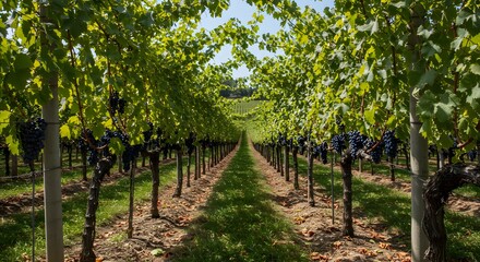 Vineyard Rows: Lush Grapevines Under Summer Sun, Perfect for Wine Production