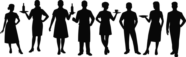 Silhouettes of waiters and waitresses, restaurant staff holding trays, serving drinks, in uniform, hospitality industry, professional service workers standing isolated on white background