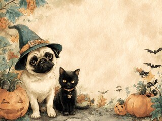 A whical watercolor scene depicts a pug in a witch hat and a black cat with pumpkins and bats.