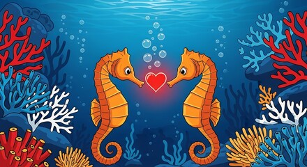Obraz premium Seahorse Love - Underwater Romance with Heart and Bubbles.