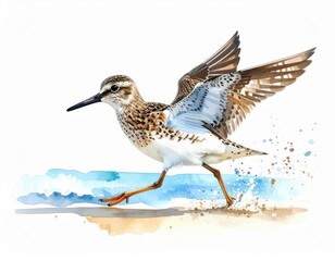 Obraz premium Watercolor Painting of a Bird Taking Flight on a Beach with Water Splashes