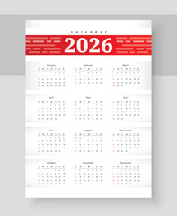 2026 year calendar vector design. Week starts Sunday daily planner template with 12 months.