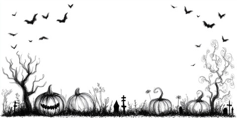 hand-drawn black and white halloween pumpkin background,black and white halloween background with house and scary tree,halloween background with pumpkins