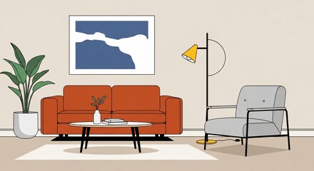 Modern living room with vibrant couch and stylish decor elements