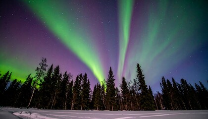 Vivid aurora borealis displays vibrant emerald and violet hues over a snowy forest at night.