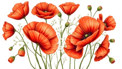 Obraz premium Vintage botanical illustration: red poppy & baby's breath flowers, spiral arrangement, autumn tones, isolated on white, high resolution.