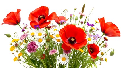 Fototapeta premium A vibrant summer bouquet featuring vivid red poppies, daisies, and wildflowers, beautifully isolated on a clean white background.