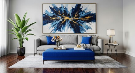 Modern living room design with beautiful painting and blue accents