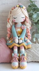 Colorful crochet doll with detailed design.