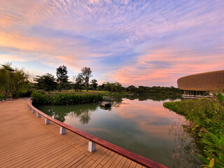 Bridge over river and sunset in resort
