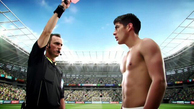 Soccer referee raising red card in stadium, intense moment of game action, sports official enforcing rules during match, competitive play, high-stakes penalty - Powered by Adobe
