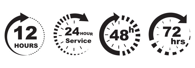 Black and white clock icons showing 7, 12, 24, 48, and 72 hour turnaround times. Watch and stopwatch, clock and alarm. Fast delivery and shipping stickers. Vector illustrations. Eps 10