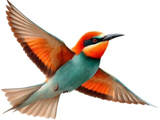 Fototapeta premium A vibrant European bee eater bird with colorful plumage soars gracefully through the air on a white background.