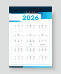 Calendar 2026, Minimalist Style Calendar, Week Starts Sunday, One Page A4 Business Design Planner Template.