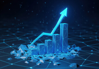 Futuristic blue neon bar chart growing upward arrow showing business growth and success