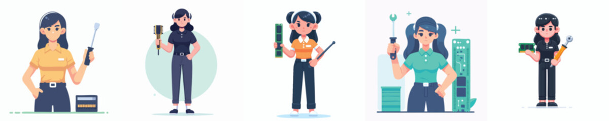 Female Computer Technician Vector Illustration – Woman IT Support Holding Tools, RAM, and Motherboard in Flat Design